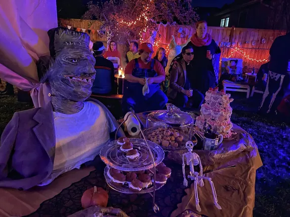 Frankenstein's monster at the head of a Halloween party table