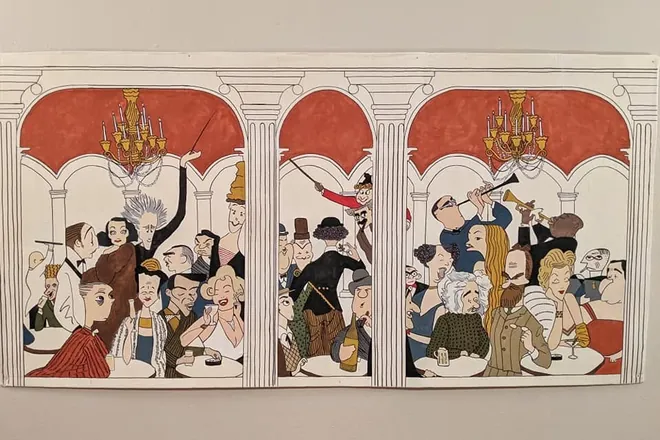 A three-panel drawing after Al Hirschfeld, in colour