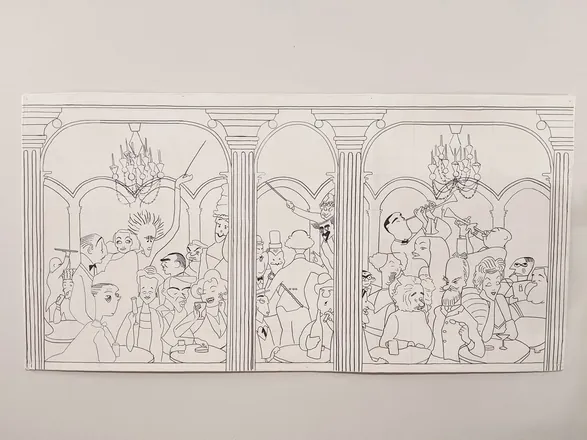 A three-panel drawing after Al Hirschfeld, in black ink