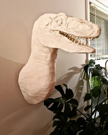 A white raptor head mounted on a wall