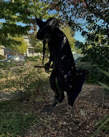 A black witch figure hanging in a tree
